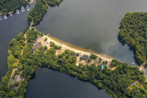 Aerial view, outdoor swimming pool Wolfssee with sandy beach at the Sechs-Seen-Platte, Wedau,