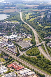 Aerial view, A59 motorway and Großenbaum junction, Altenbrucher Damm bridge, Albert-cock-Straße
