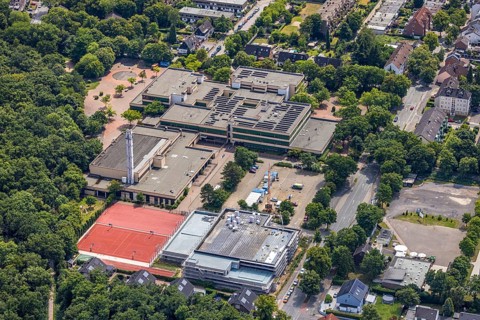 Aerial view, construction site for the new south swimming pool at the Großenbaum sports complex,