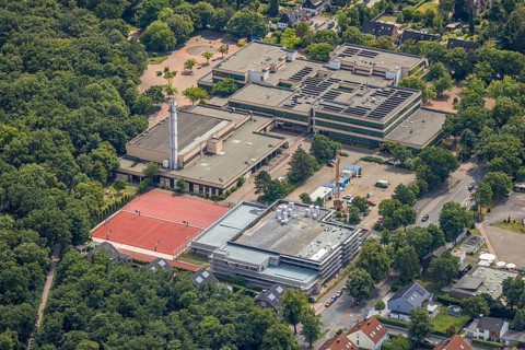 Aerial view, construction site for the new south swimming pool at the Großenbaum sports complex,