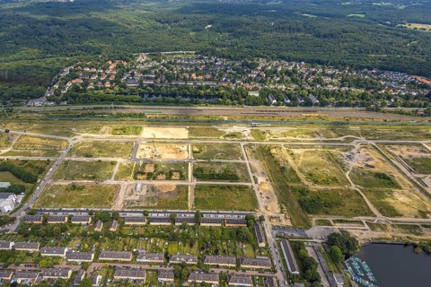 Aerial view, construction site of the former Wedau marshalling yard for the new Duisburg