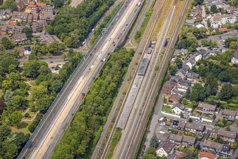 Aerial view, S-Bahn station platform Duisburg-Buchholz Südstraße and motorway A59 with green strip