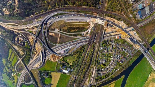 Aerial view, motorway junction Kaiserberg with motorway A3 and motorway A40, bridge construction