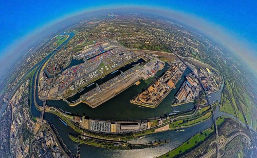 Aerial view, duisport harbour, harbour area with steel island, oil island, coal island container
