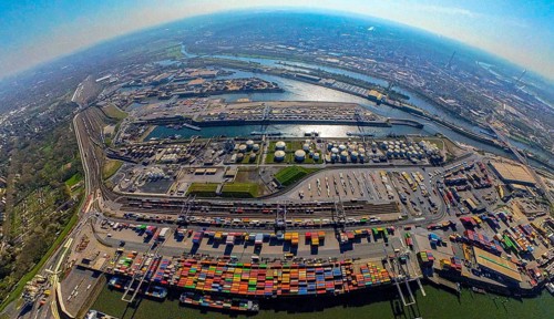 Aerial view, duisport harbour, harbour area with steel island, oil island, coal island container