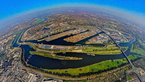 Aerial view, duisport harbour, harbour area with steel island, oil island, coal island container