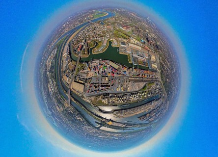 Aerial view, duisport harbour, harbour area with steel island, oil island, coal island container