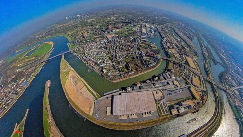 Aerial view, duisport harbour, view of Ruhrort, Duisburg harbour area with Mercatorinsel, river