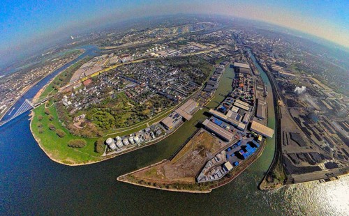 Aerial view, Neuenkamp parallel harbour and outer harbour, river Rhine, earth globe, fisheye image,