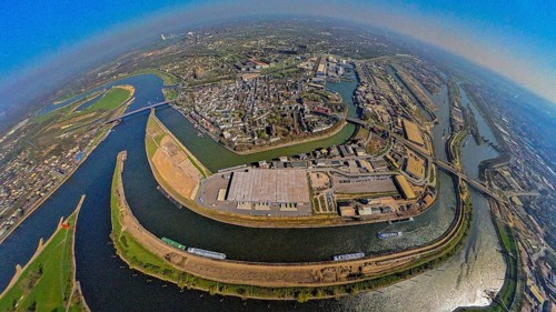 Aerial view, duisport harbour, view of Ruhrort, Duisburg harbour area with Mercatorinsel and