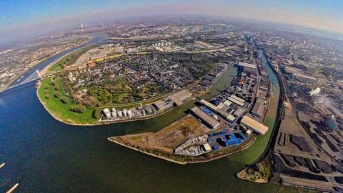 Aerial view, Neuenkamp parallel harbour and outer harbour, river Rhine, earth globe, fisheye image,