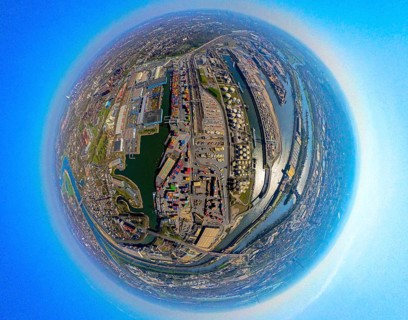 Aerial view, duisport harbour, harbour area with steel island, oil island, coal island container