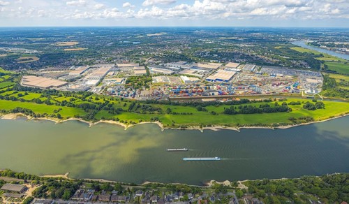 Aerial view, logport I (one) Rheinhausen with automobile logistics and container terminal, inland