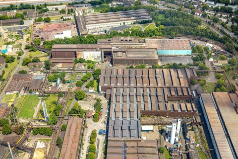 Aerial view, Hüttenwerke Krupp Mannesmann HKM partial view, Hüttenheim, Duisburg, Ruhr area, North