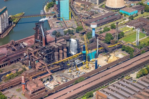 Aerial view, Hüttenwerke Krupp Mannesmann HKM with HKM blast furnace A, partial view, Hüttenheim,