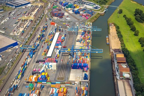 Aerial view, logport I (one) Rheinhausen with container terminal, Friemersheim, Duisburg, Ruhr
