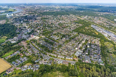 Aerial view, residential area, district Buchholz Afrikasiedlung, right commercial area Keniastraße,