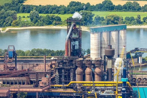 Aerial view, Hüttenwerke Krupp Mannesmann HKM with HKM blast furnace A, partial view, Hüttenheim,