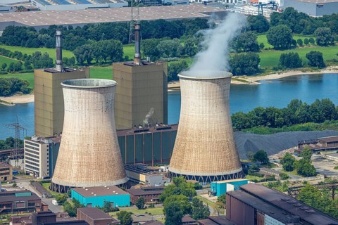 Aerial view, Hüttenwerke Krupp Mannesmann HKM and power station with two cooling towers,