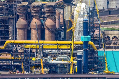 Aerial view, Hüttenwerke Krupp Mannesmann HKM with HKM blast furnace, partial view, Hüttenheim,