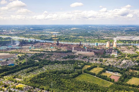 Aerial view, Hüttenwerke Krupp Mannesmann HKM, cooling towers, river Rhine and distant view to LSG