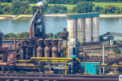 Aerial view, Hüttenwerke Krupp Mannesmann HKM with HKM blast furnace, partial view, Hüttenheim,