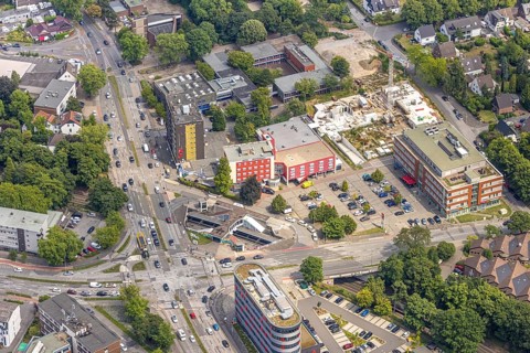 Aerial view, new building site Sittardsberg, road junction Sittardsberger Allee and Altenbrucher