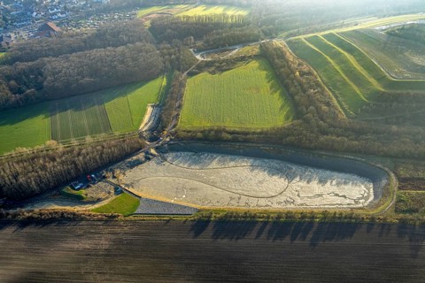 Aerial view, construction work on the flood retention basin near the Sundern slag heap, Pelkum