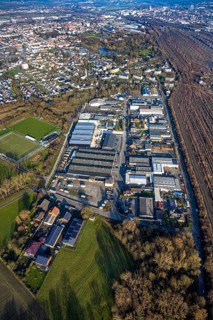 Aerial view, goods station, view of Daberg district with Schieferstraße industrial estate, TuS