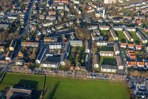 Aerial view, construction site with new residential buildings on Holstenstraße, Apostelkirche,