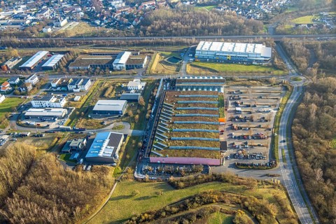 Aerial view, OBI Markt Hamm Bauamrkt with green roof, behind eurobahn GmbH & Co. KG - Hamm-Heessen