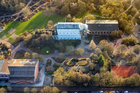 Aerial view, glass elephant in Maximilianpark leisure park, entrance area, Uentrop, Hamm, Ruhr