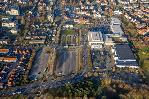 Aerial view, Westpress Arena and Helinet Eisporthalle ice rink of the Hammer Eisbären ice hockey