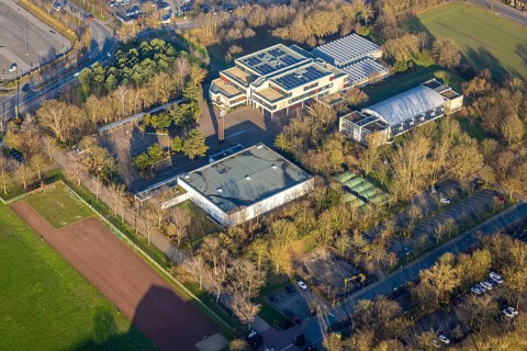 Aerial view, Freiherr-vom-Stein-Gymnasium Hamm, Uentrop, Hamm, Ruhr area, North Rhine-Westphalia,