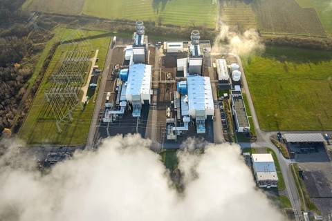 Aerial view, Trianel Gaskraftwerk Hamm GmbH with smoke clouds, Uentrop, Hamm, Ruhr area, North