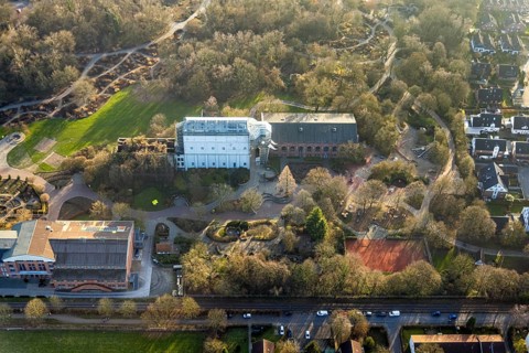 Aerial view, glass elephant in Maximilianpark leisure park, entrance area, Uentrop, Hamm, Ruhr
