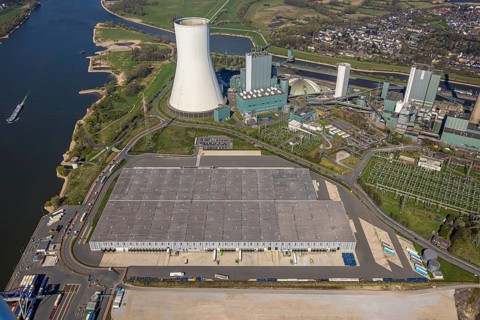 Aerial view, Duisburg-Nord, duisport logport VI Walsum, logport 6, STEAG Walsum power plant on the