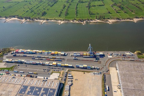 Aerial view, Duisburg-Nord, duisport logport VI Walsum on the river Rhine, container loading