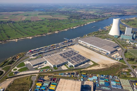 Aerial view, Duisburg-Nord, duisport logport VI Walsum, logport 6, STEAG power plant Walsum on the