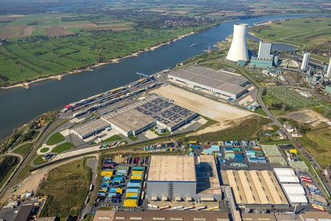 Aerial view, Duisburg-Nord, duisport logport VI Walsum, logport 6, STEAG power plant Walsum on the