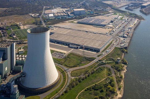 Aerial view, Duisburg-Nord, duisport logport VI Walsum, logport 6, STEAG Walsum power plant on the