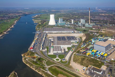 Aerial view, Duisburg-Nord, duisport logport VI Walsum, logport 6, STEAG Walsum power plant on the