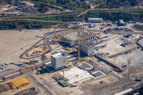 Aerial view, construction area with building site at the southern harbour, direct reduction plant