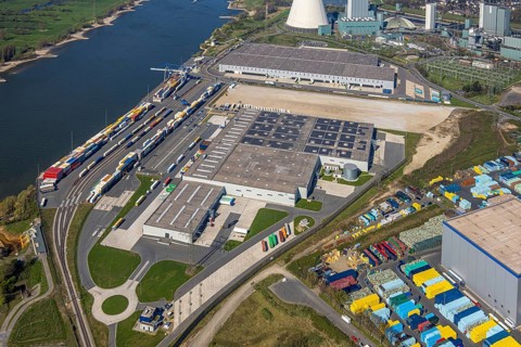Aerial view, Duisburg-Nord, duisport logport VI Walsum, logport 6, STEAG Walsum power plant on the