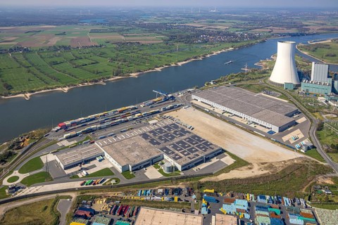 Aerial view, Duisburg-Nord, duisport logport VI Walsum, logport 6, STEAG power plant Walsum on the