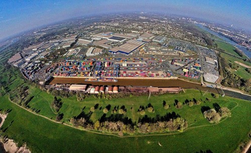Aerial view, duisport harbour, logport I Rheinhausen, logport 1, container harbour, Duisburg