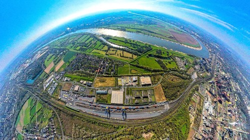 Aerial view, duisport harbour, logport III Hohenbudberg, logport 3, container terminal, earth