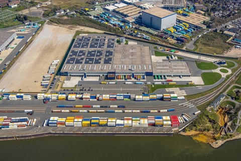Aerial view, Duisburg-Nord, duisport logport VI Walsum, logport 6 on the river Rhine, container
