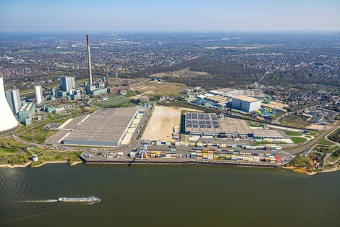 Aerial view, Duisburg-Nord, duisport logport VI Walsum, logport 6, STEAG Walsum power station on