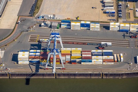 Aerial view, Duisburg-Nord, duisport logport VI Walsum, logport 6 on the river Rhine, container